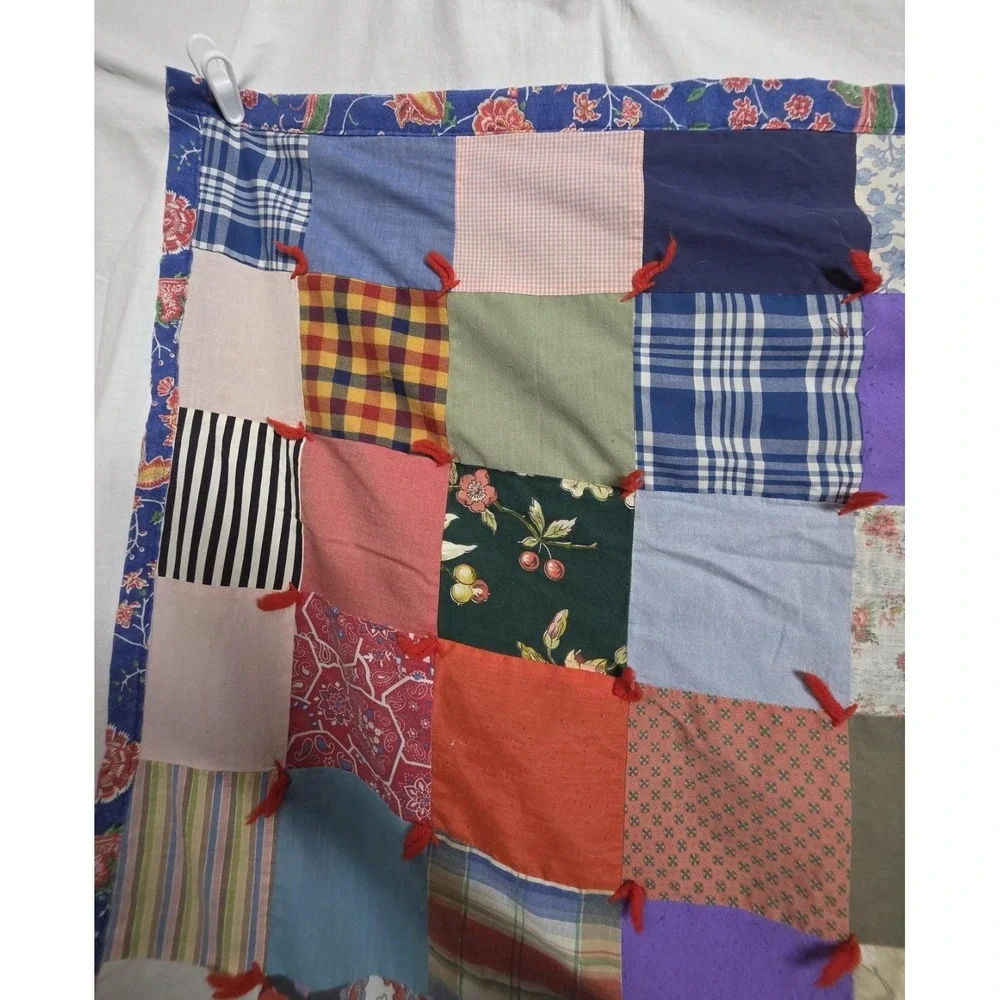 Vintage Handmade Patchwork Tied Quilt 47x40 Cotton Poly Scrap Fabric Folk Art